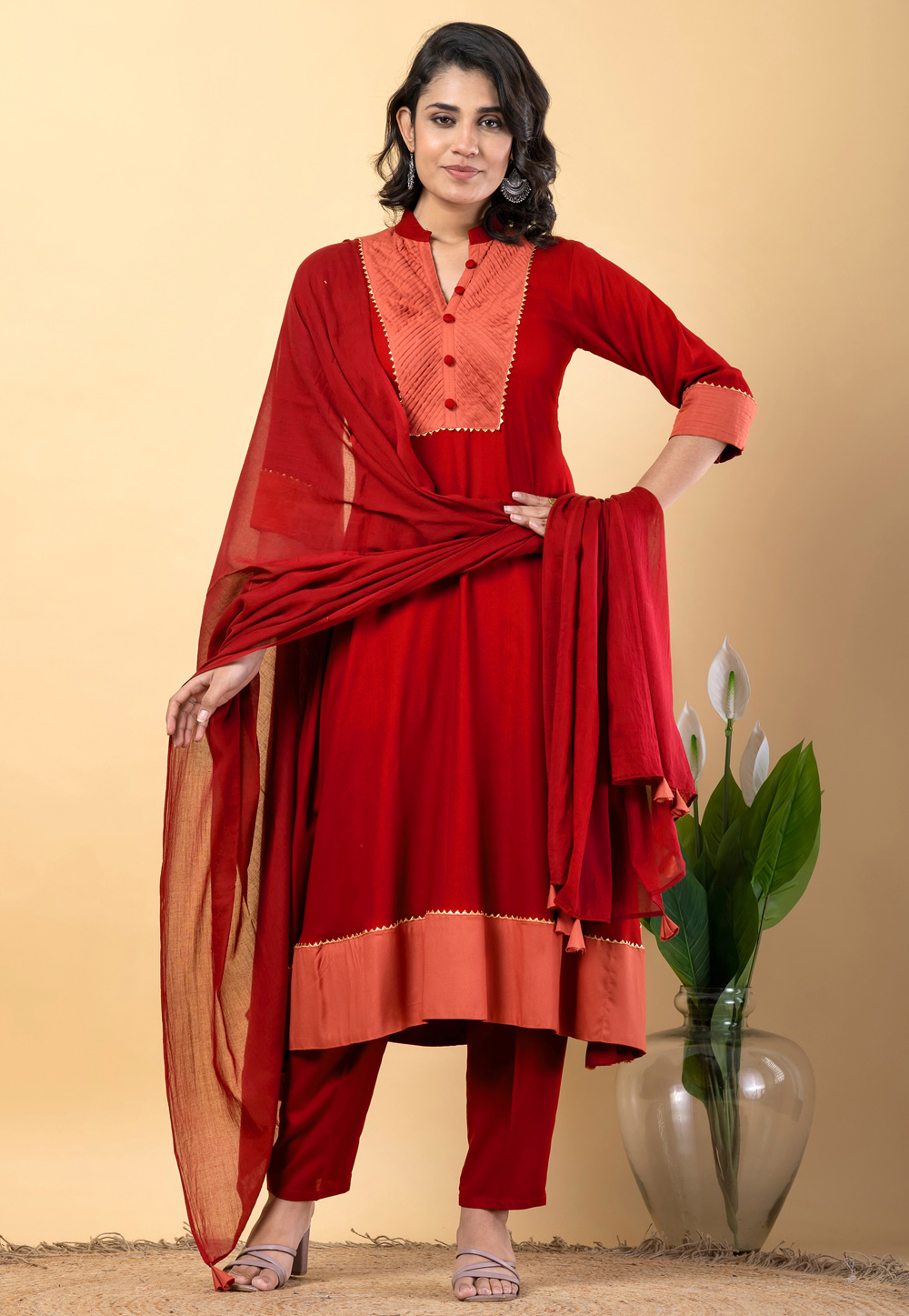 Red Rayon Readymade Pakistani Suit 306585