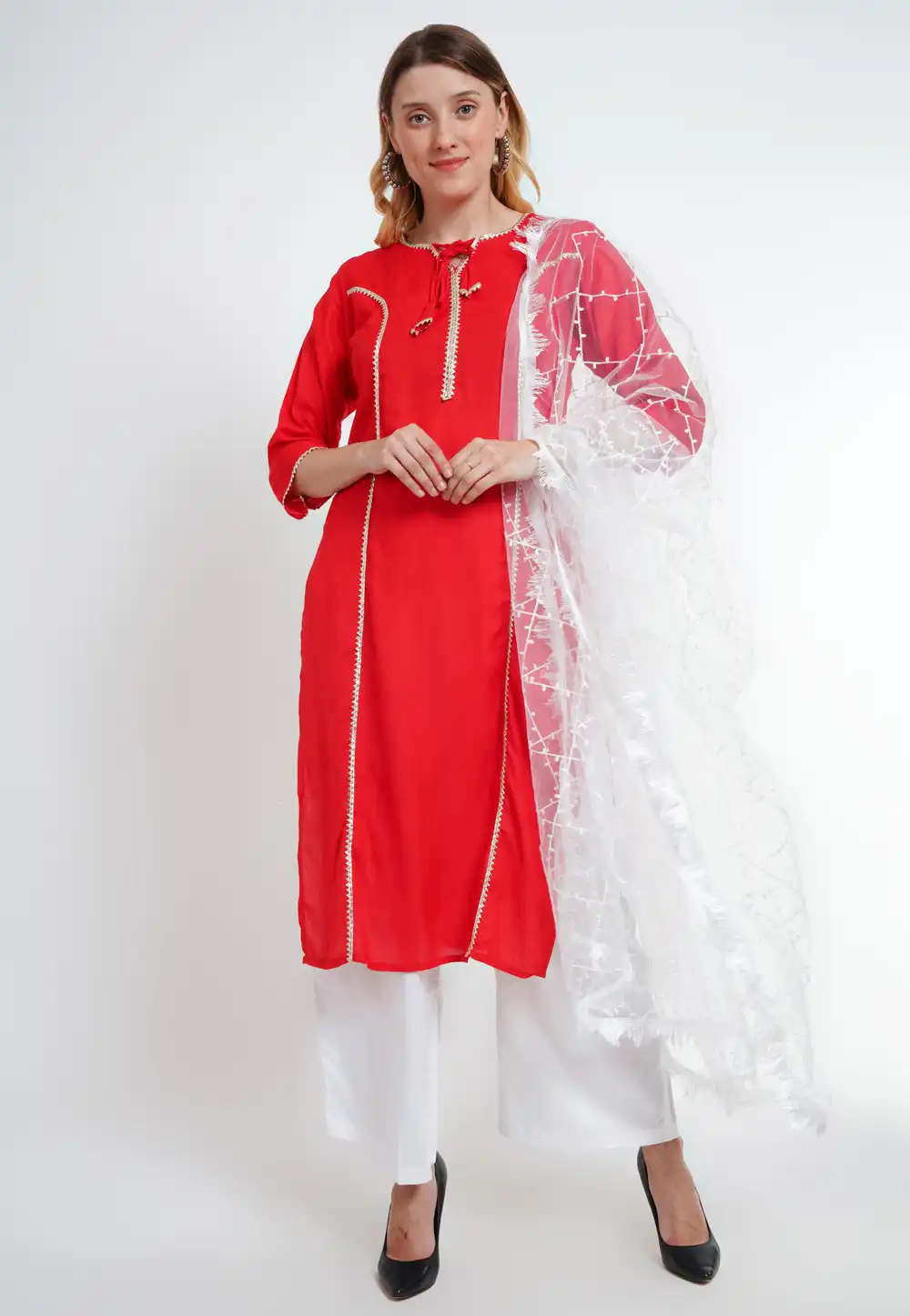 Red Rayon Readymade Palazzo Suit 290035