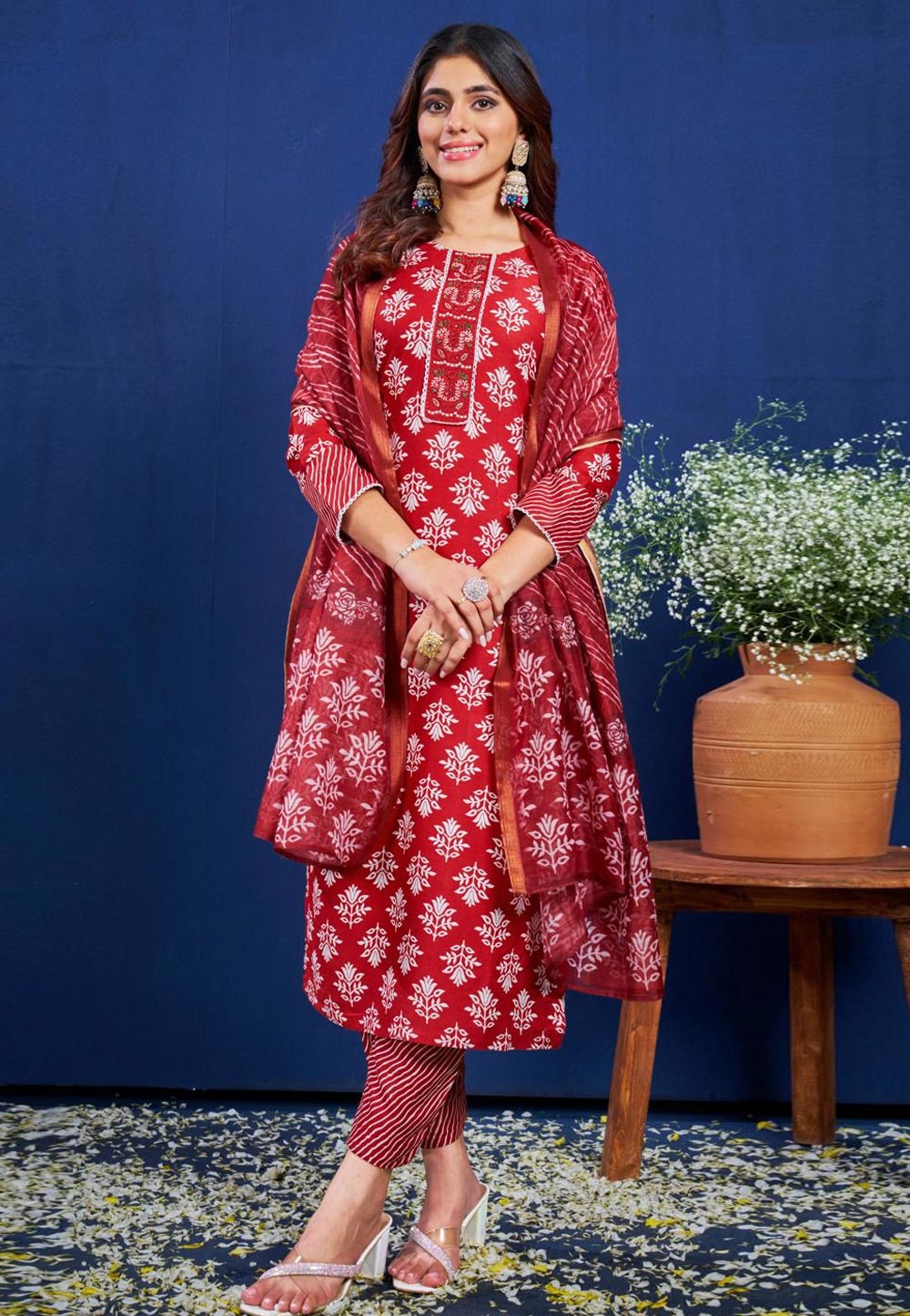 Red Rayon Readymade Pant Style Suit 305262