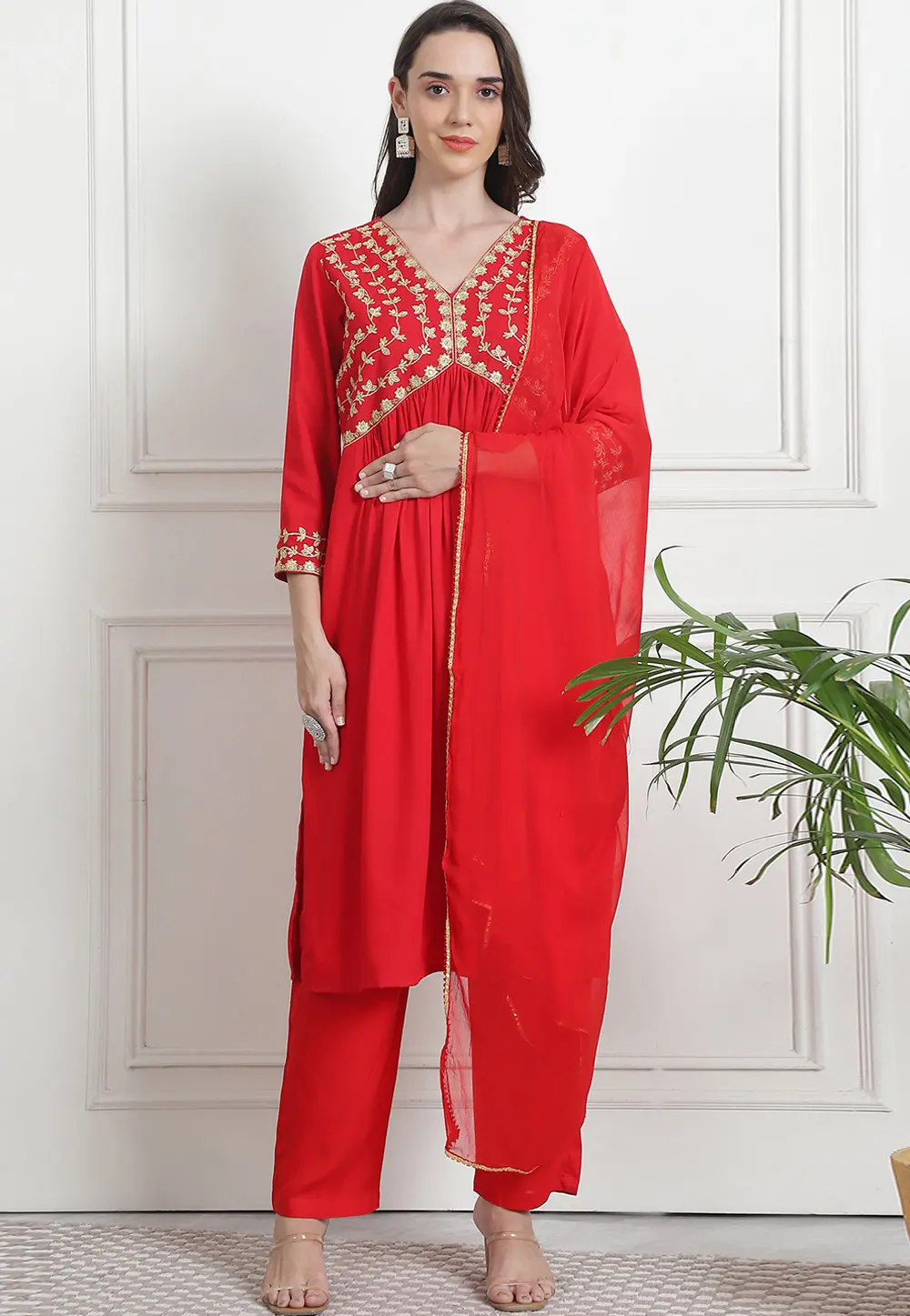 Red Rayon Readymade Pant Style Suit 303474