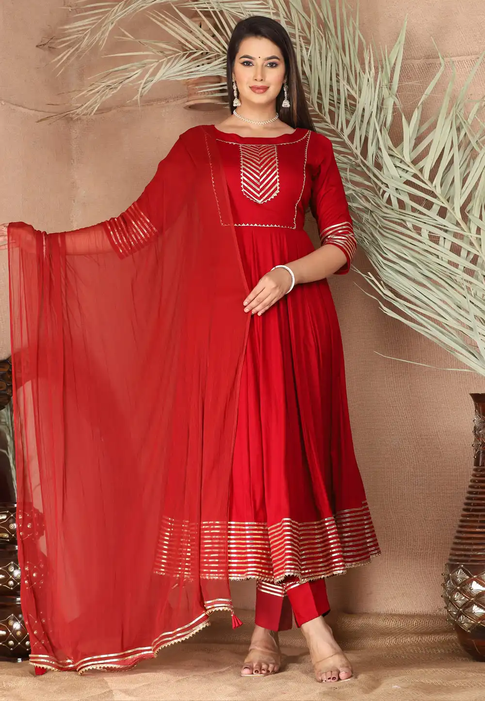 Red Rayon Readymade Pant Style Suit 292771