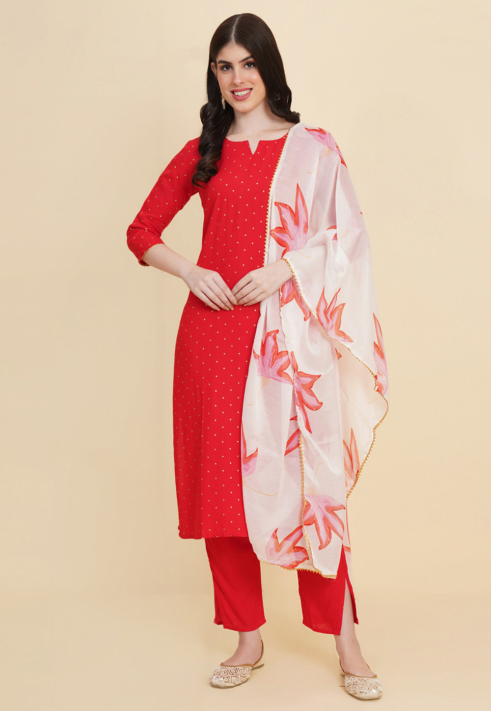 Red Rayon Readymade Pant Style Suit 285128