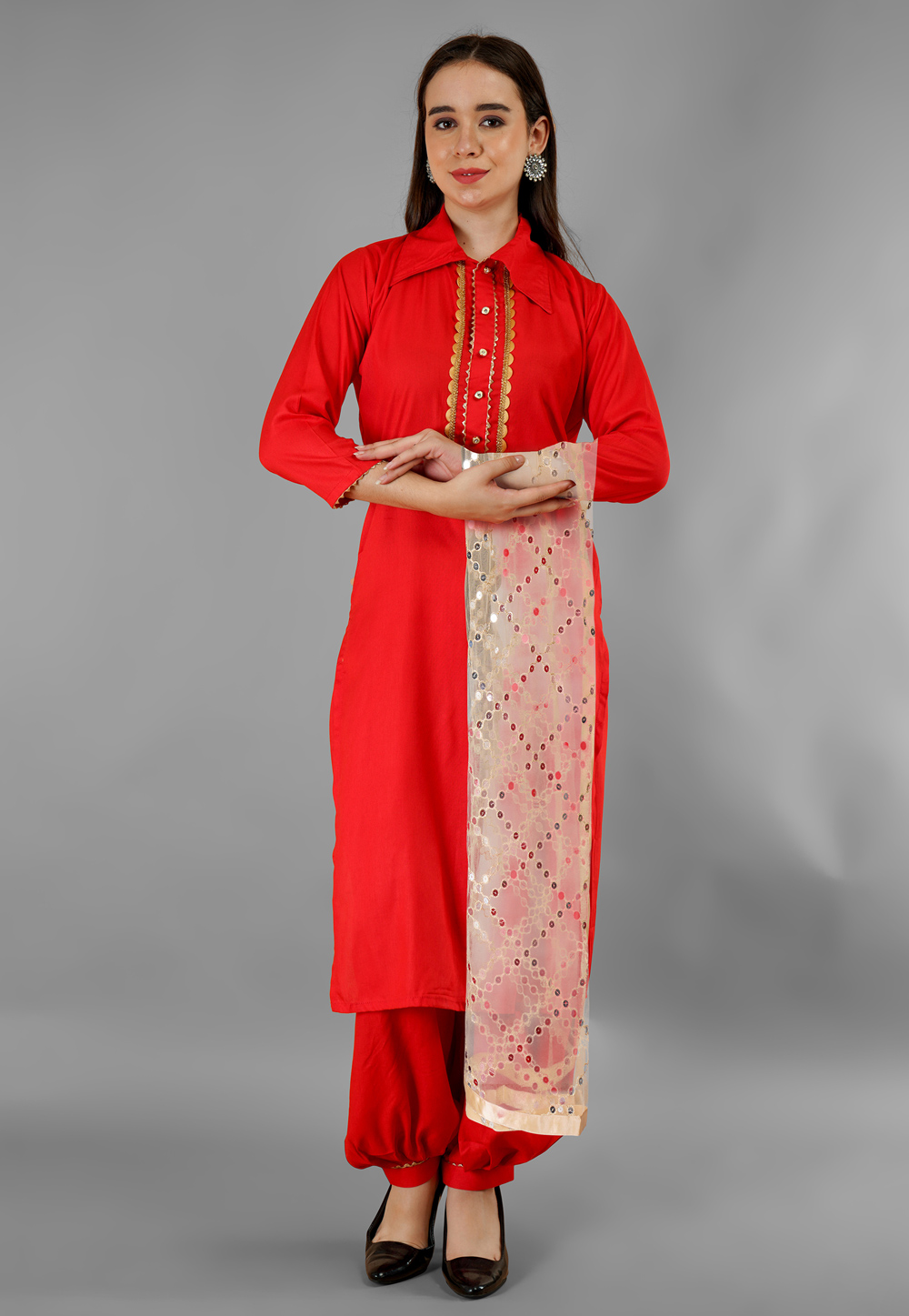 Red Rayon Readymade Patiala Suit 282789