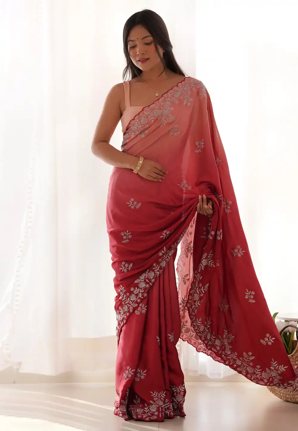 Red Satin Half N Half Saree 291960