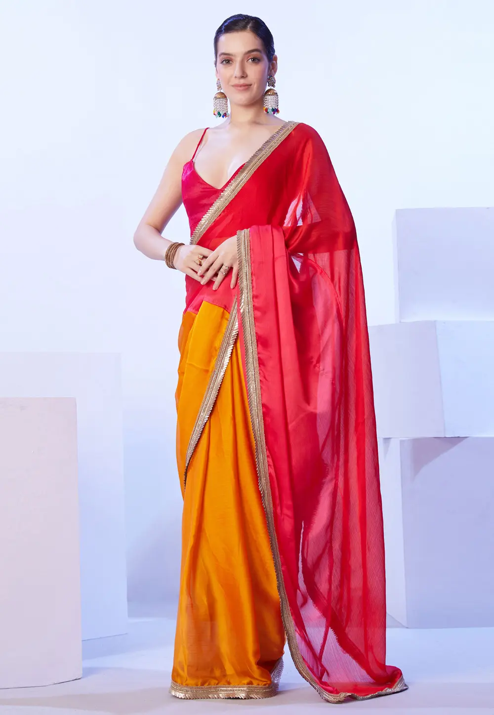 Red Satin Half N Half Saree 302811