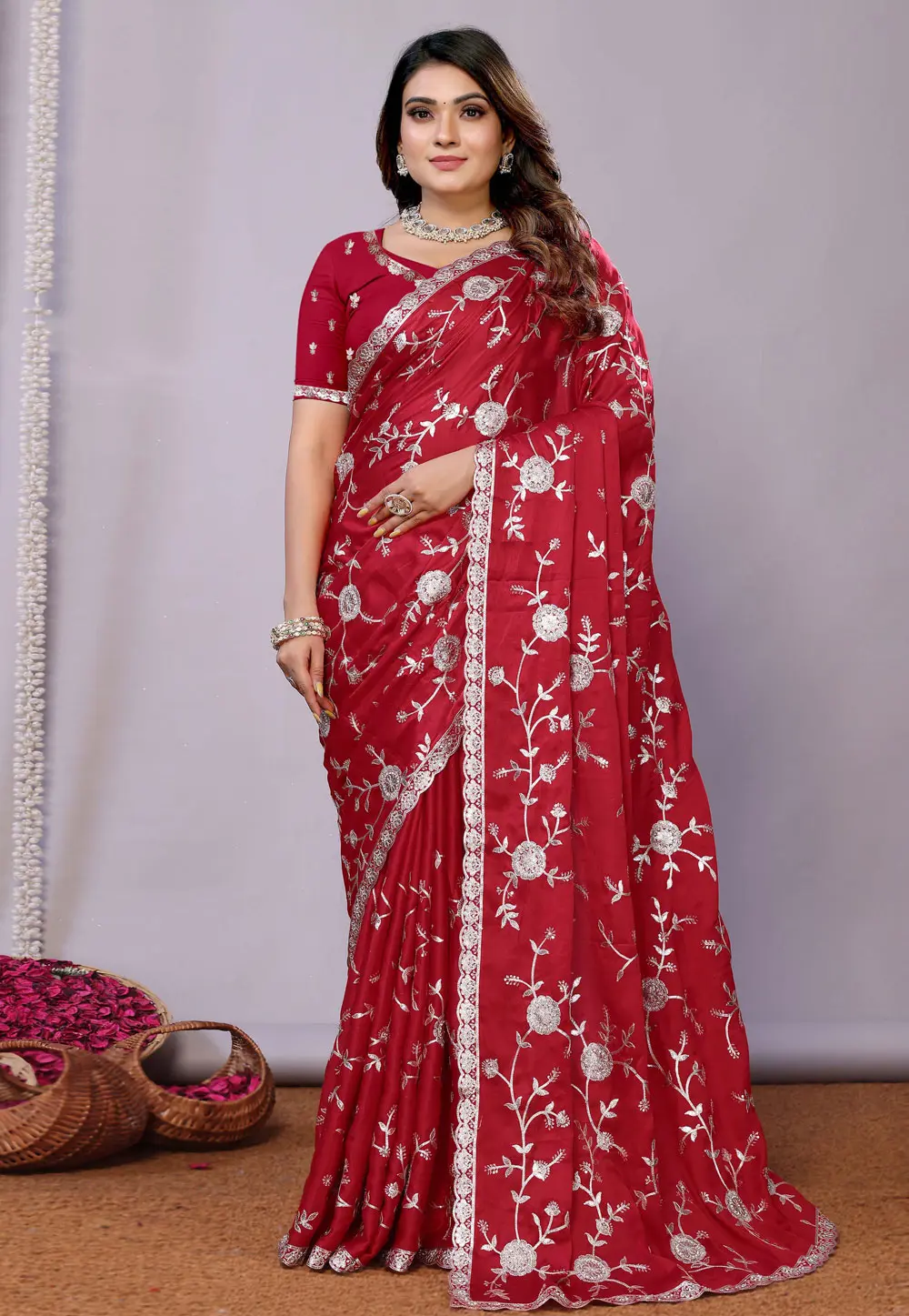 Red Satin Saree With Blouse 300586