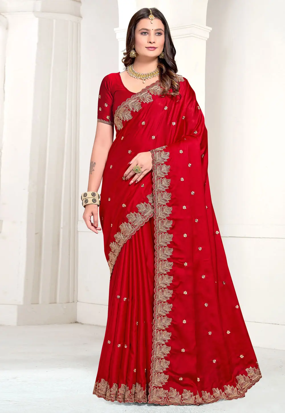 Red Satin Saree With Blouse 299454