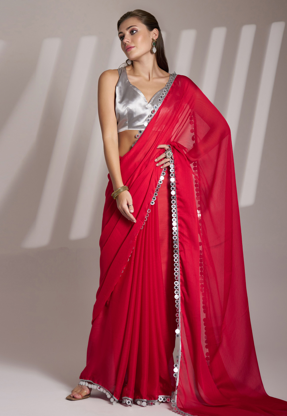 Red Satin Saree With Blouse 304948