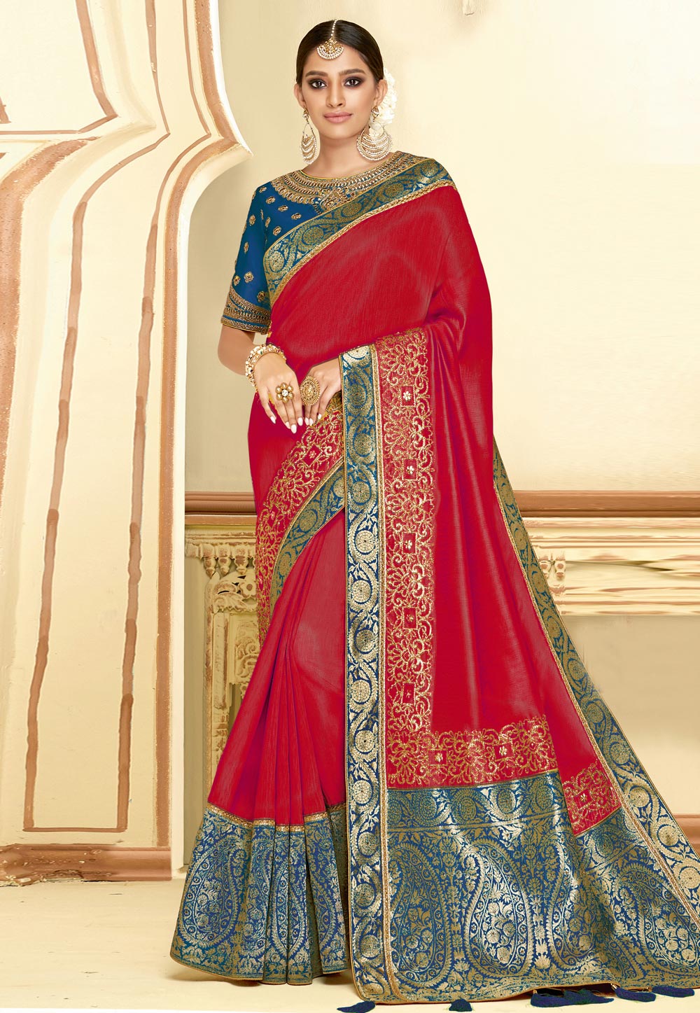 Red Satin Silk Saree With Blouse 280419