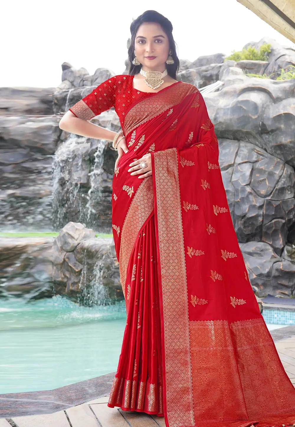 Red Satin Silk Saree With Blouse 296193