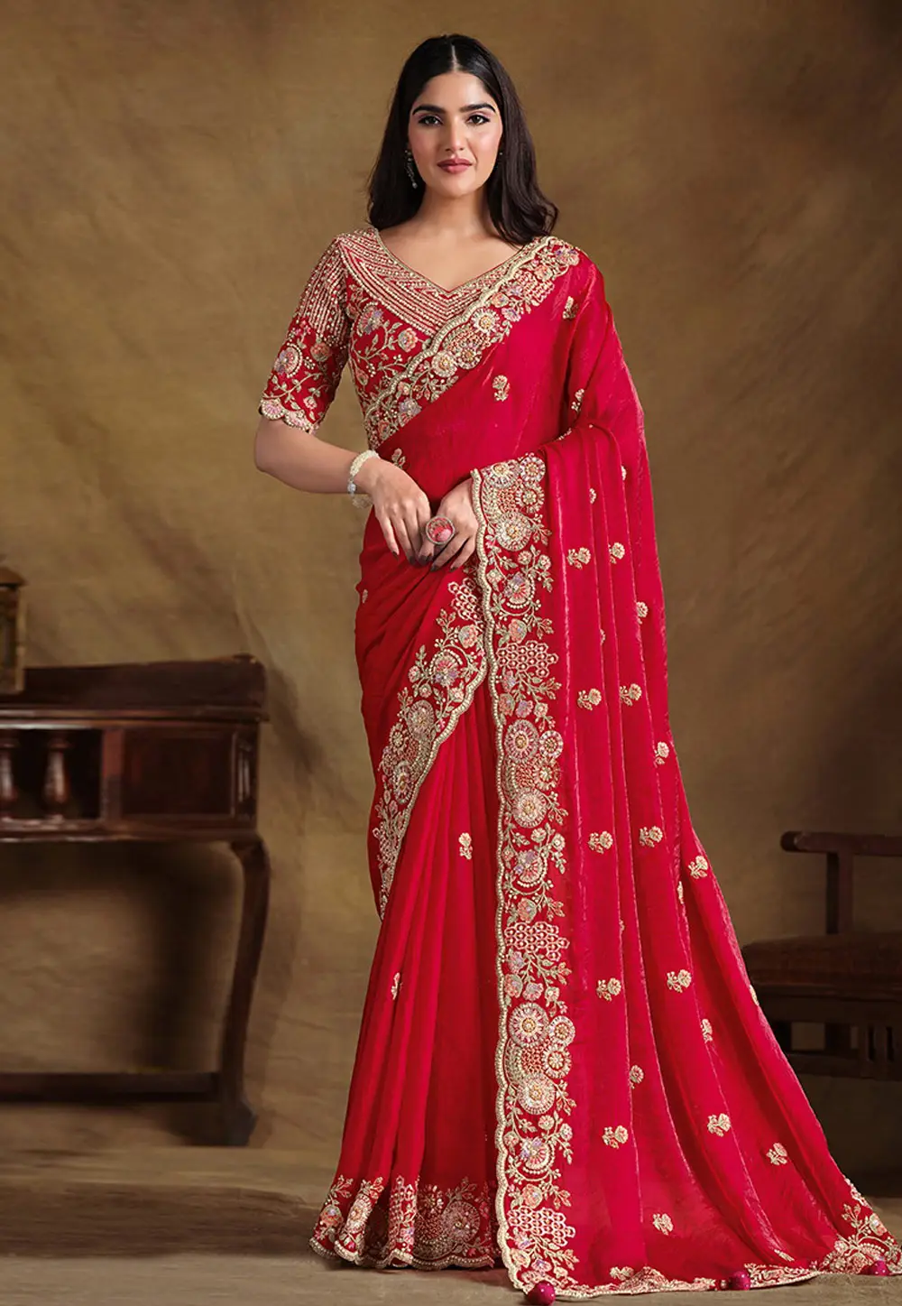 Red Satin Silk Saree With Blouse 297178