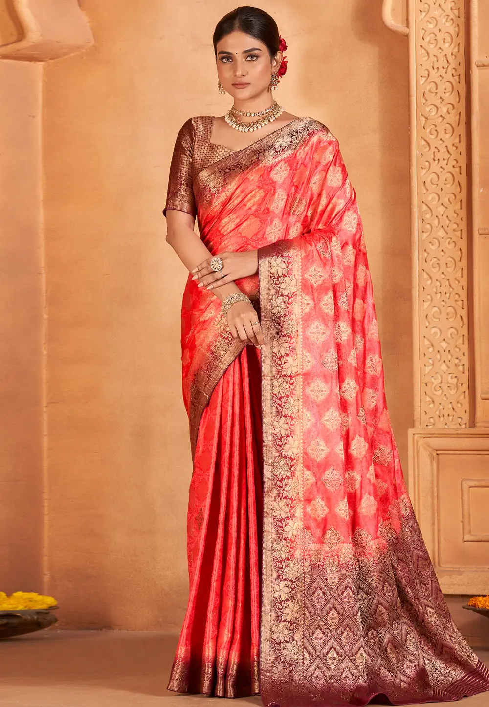 Red Satin Silk Saree With Blouse 295178