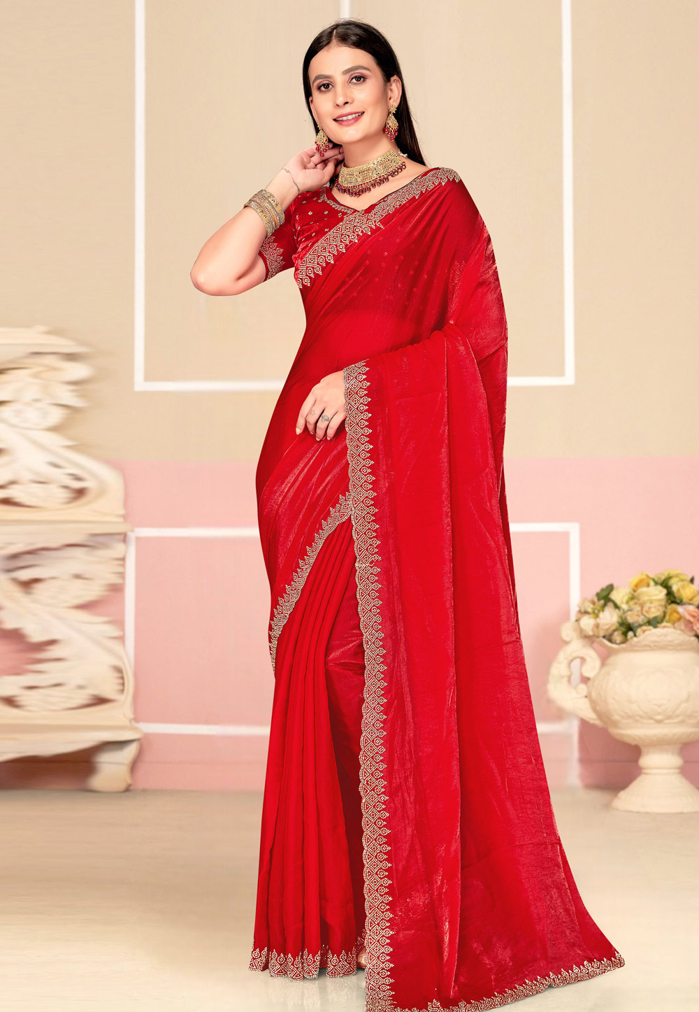 Red Satin Silk Saree With Blouse 310839