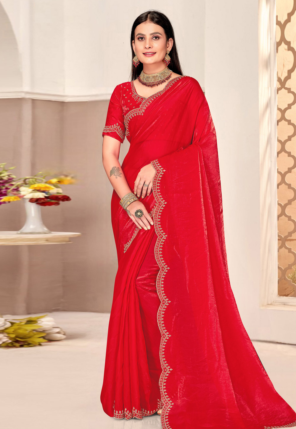Red Satin Silk Saree With Blouse 311027