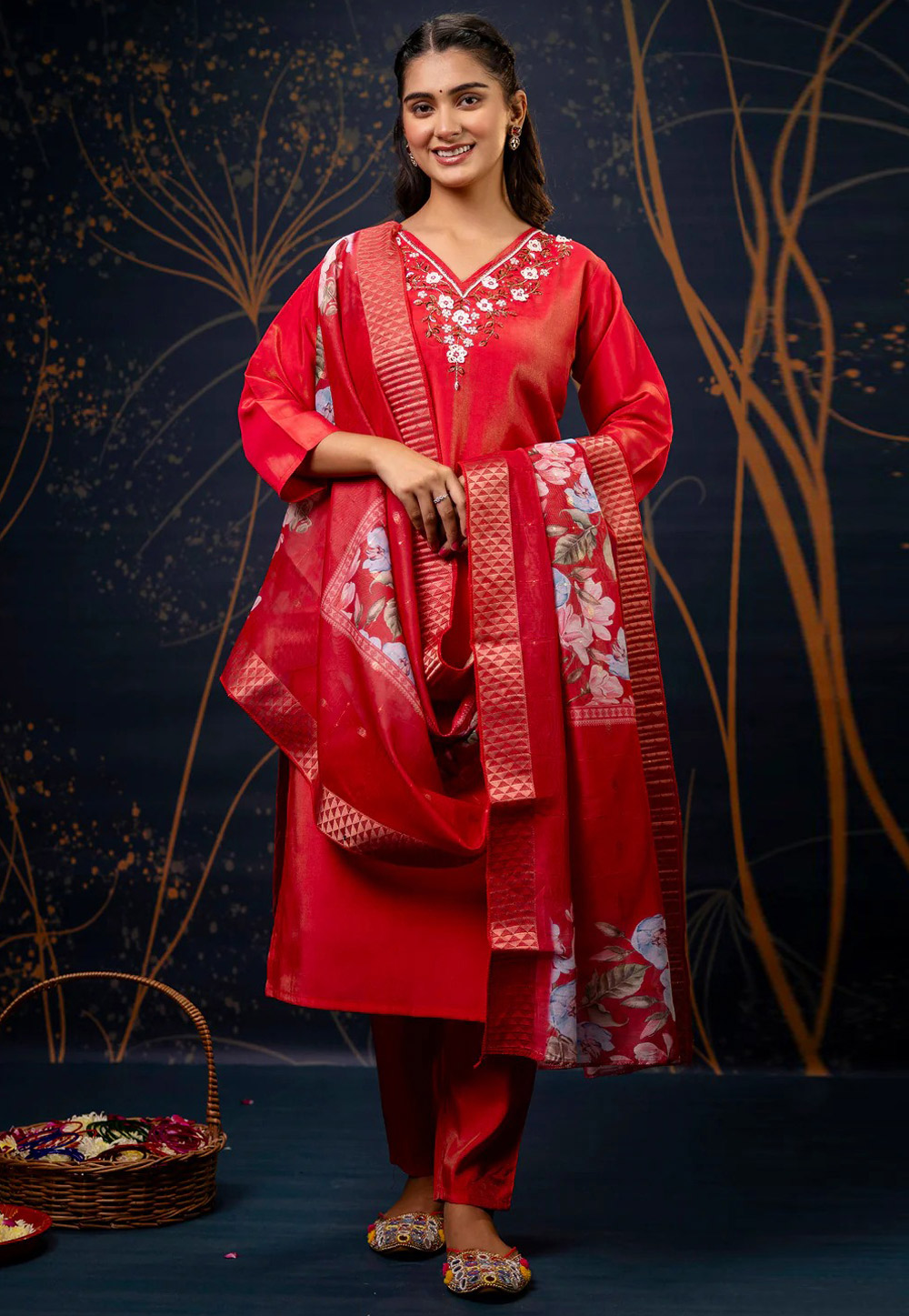 Red Shimmer Readymade Pakistani Suit 309181