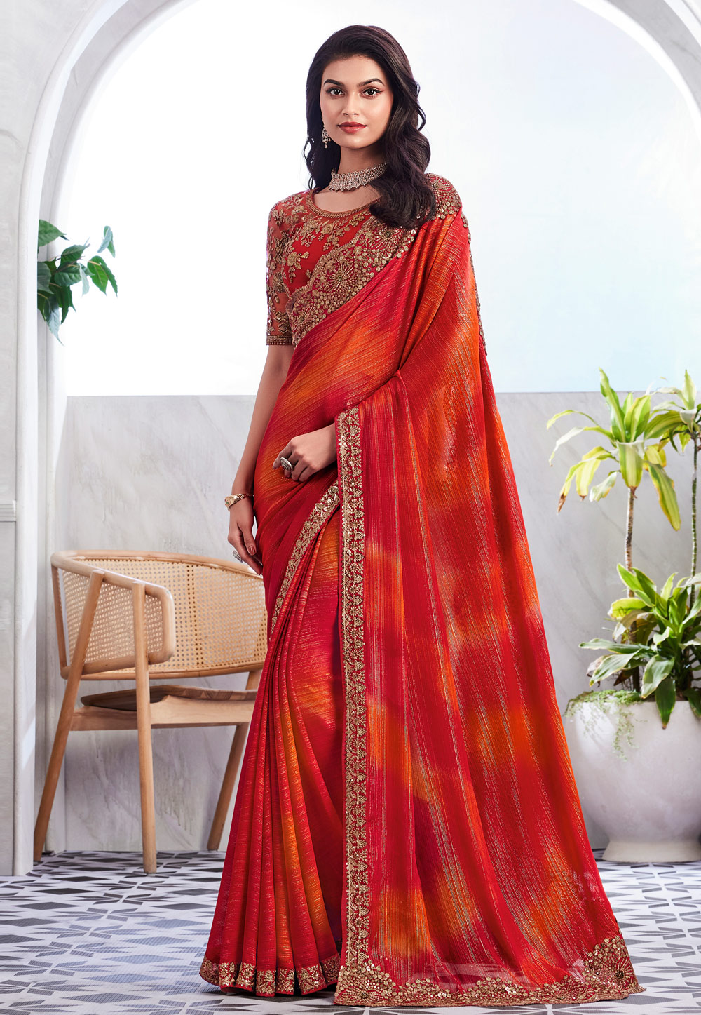 Red Shimmer Saree With Blouse 283836