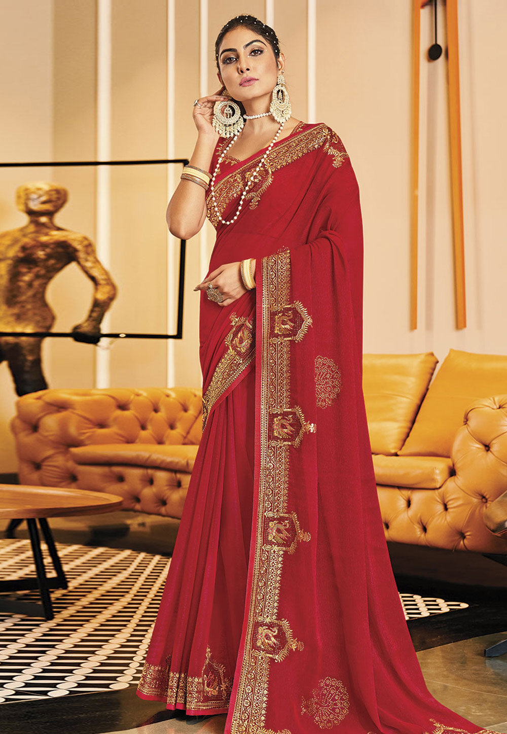 Red Shimmer Saree With Blouse 279565