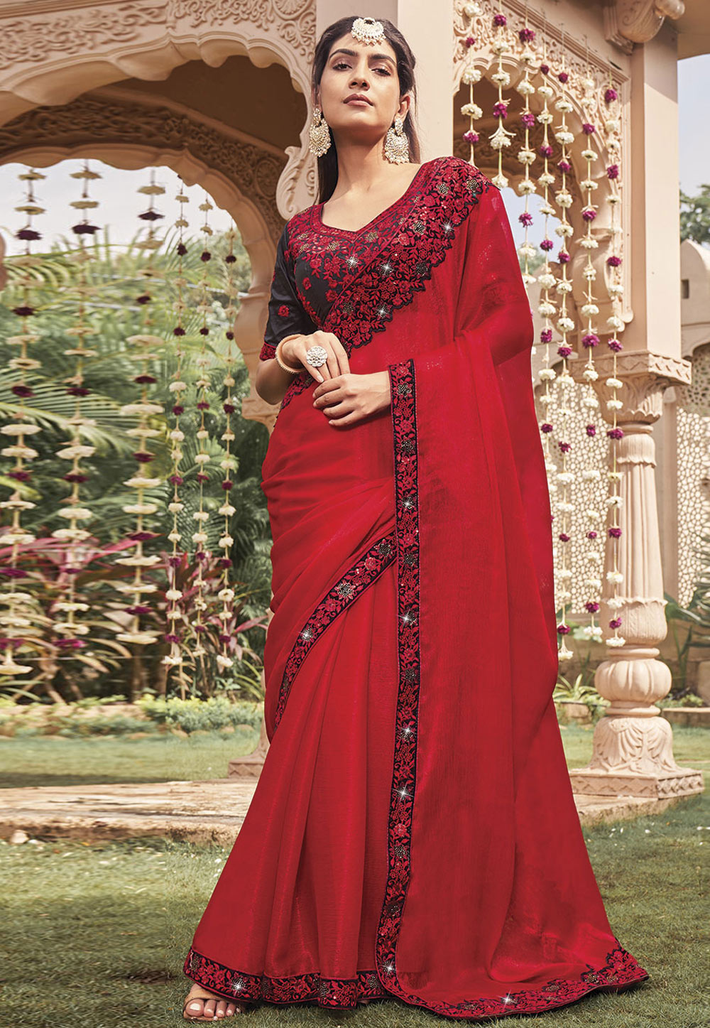 Red Shimmer Saree With Blouse 279896