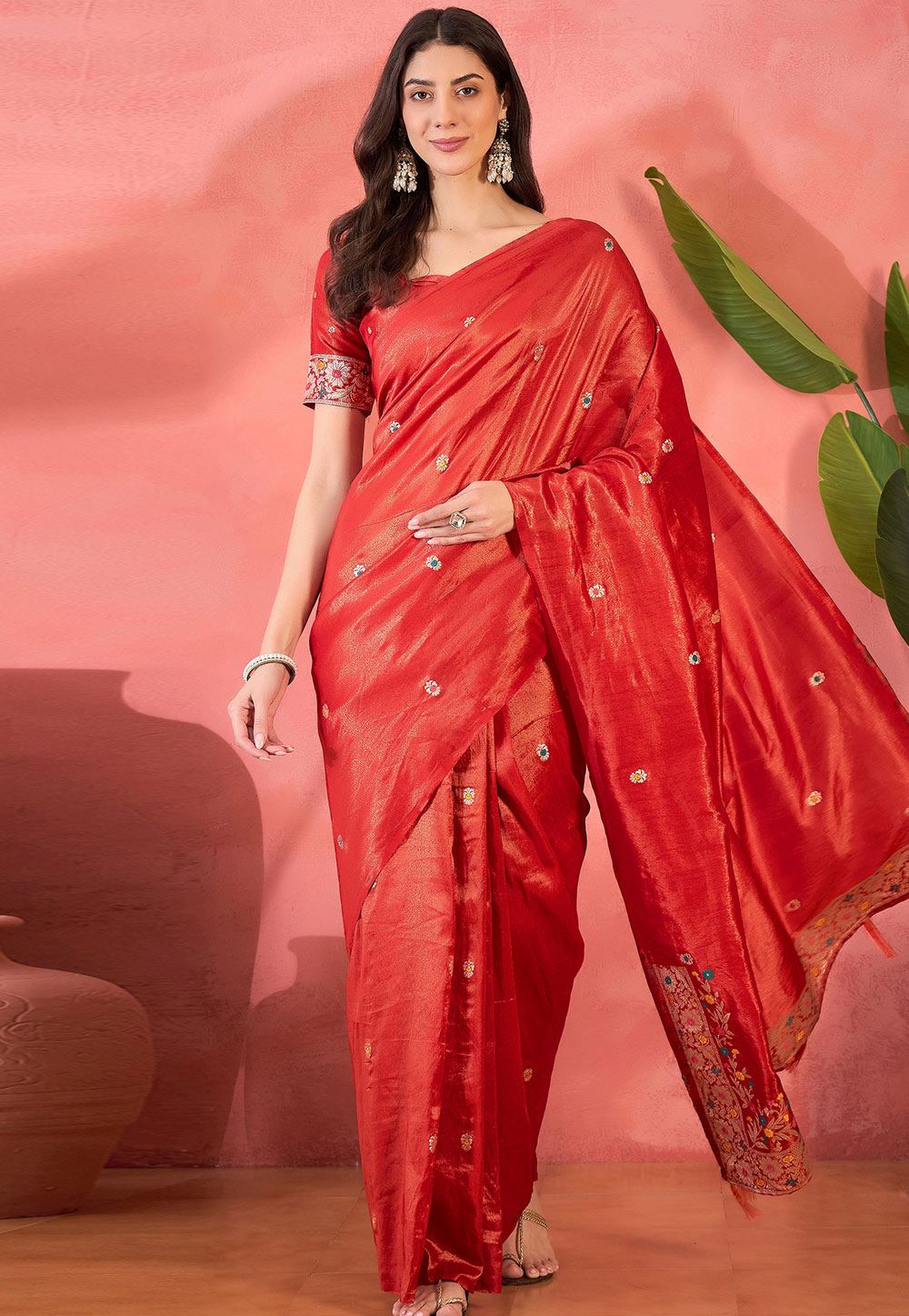 Red Shimmer Saree With Blouse 310830