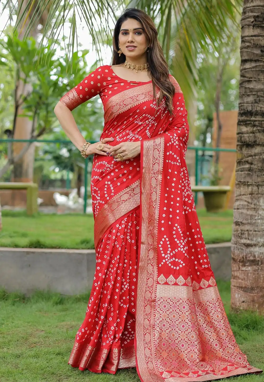 Red Silk Bandhani Print Saree 289703