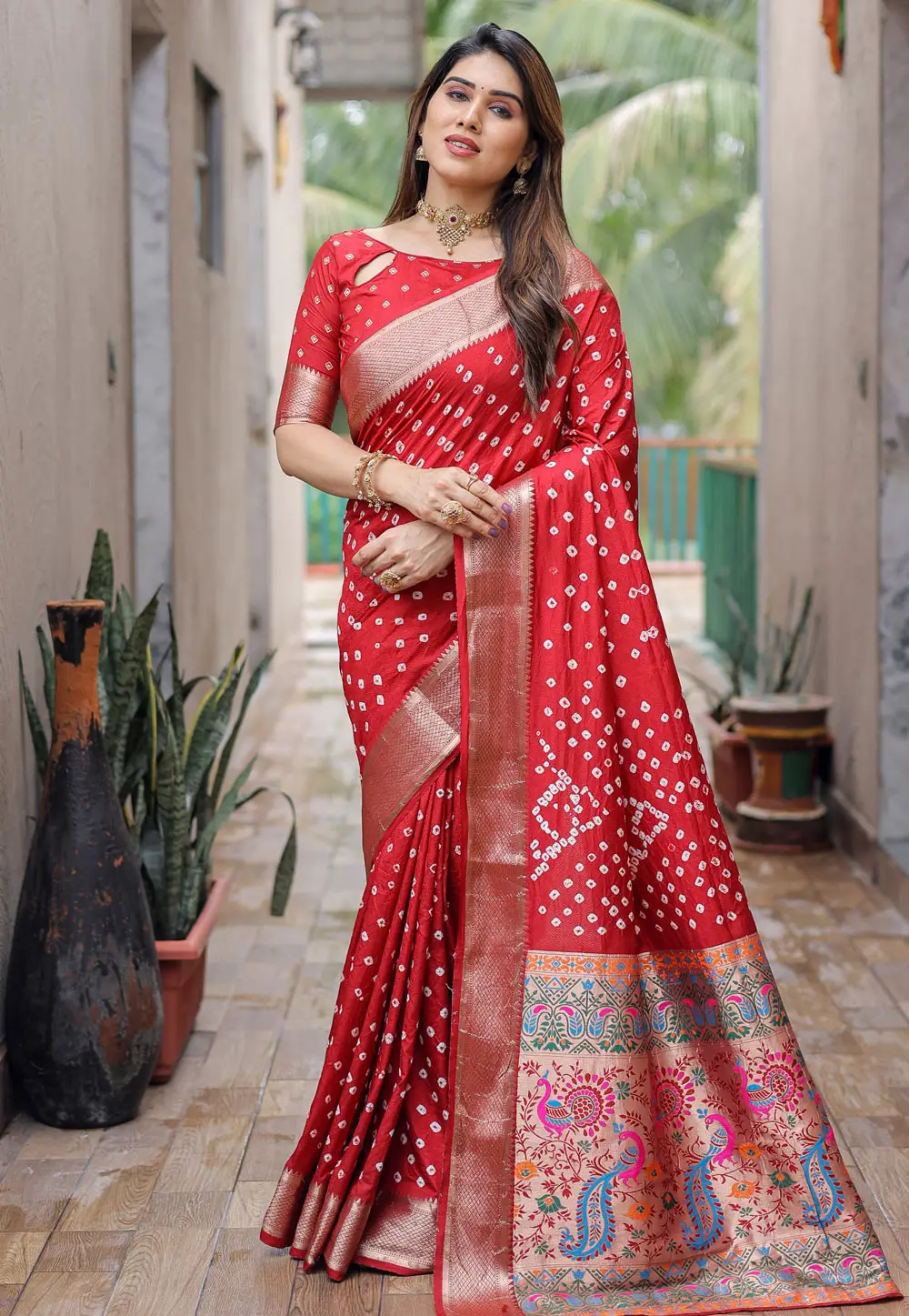 Red Silk Bandhani Print Saree 295702