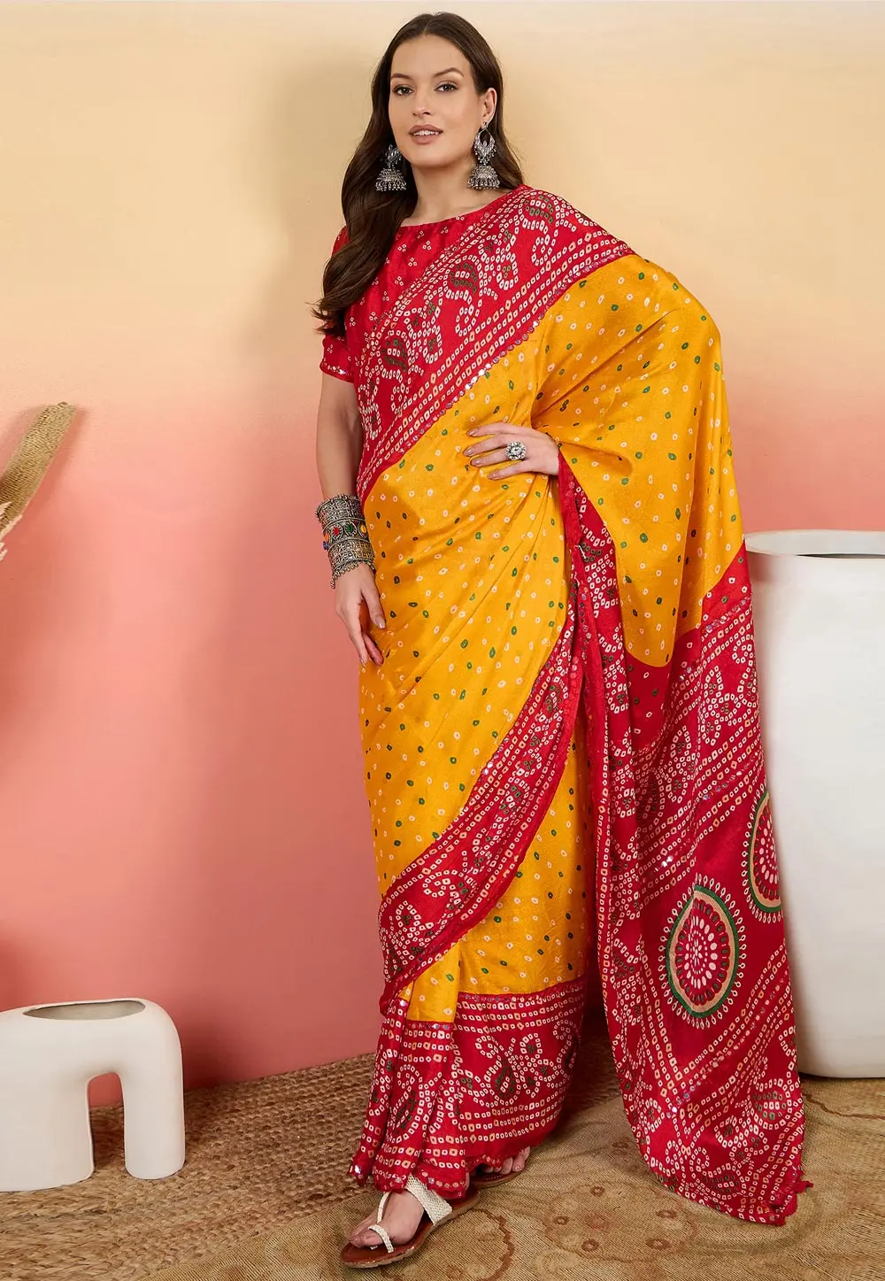 Red Silk Bandhani Print Saree 304735