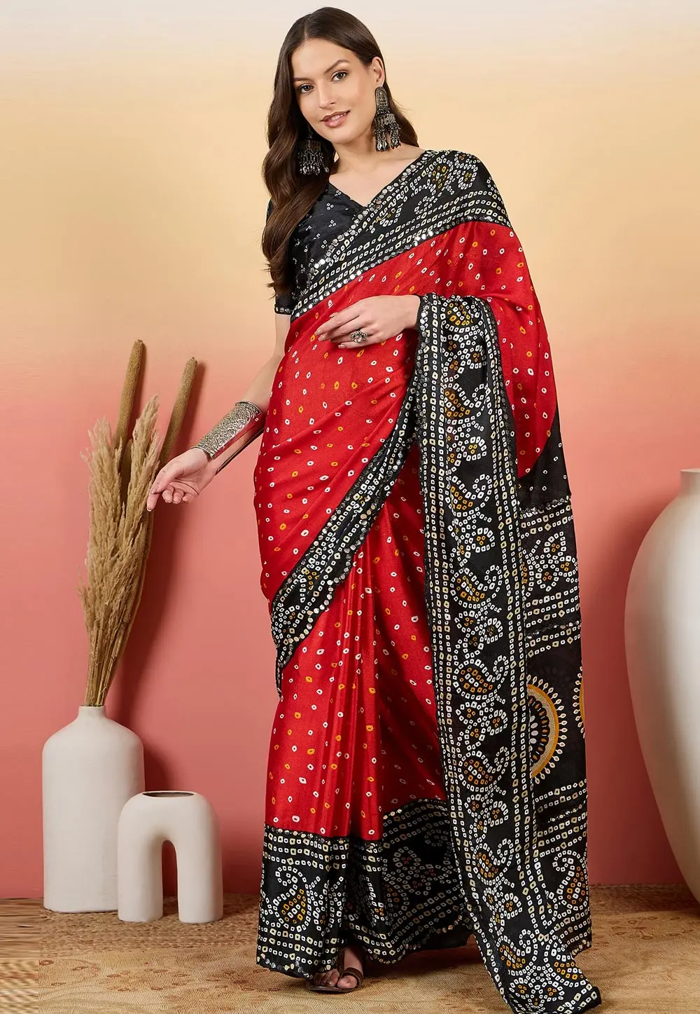 Red Silk Bandhani Print Saree 304737