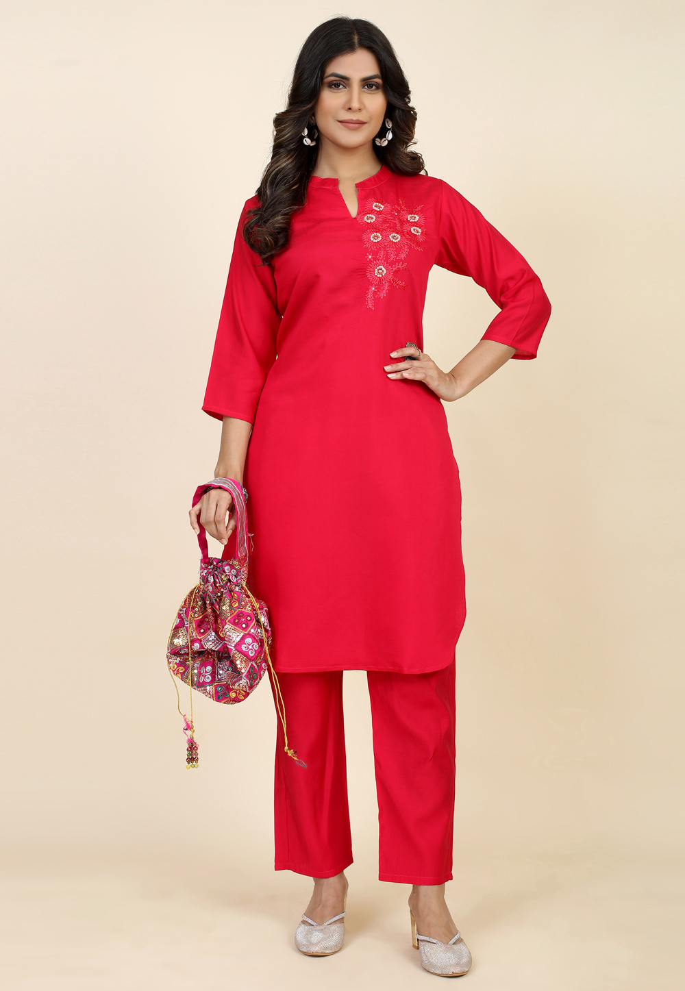 Red Silk Cotton Kurta Set With Pent 285330