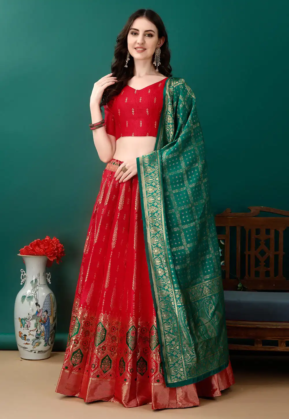 Red Silk Jacquard A Line Lehenga Choli 290461