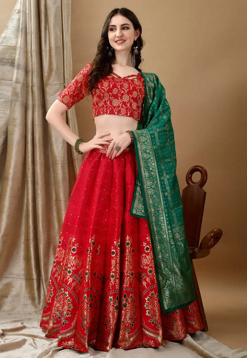 Red Silk Jacquard A Line Lehenga Choli 290467