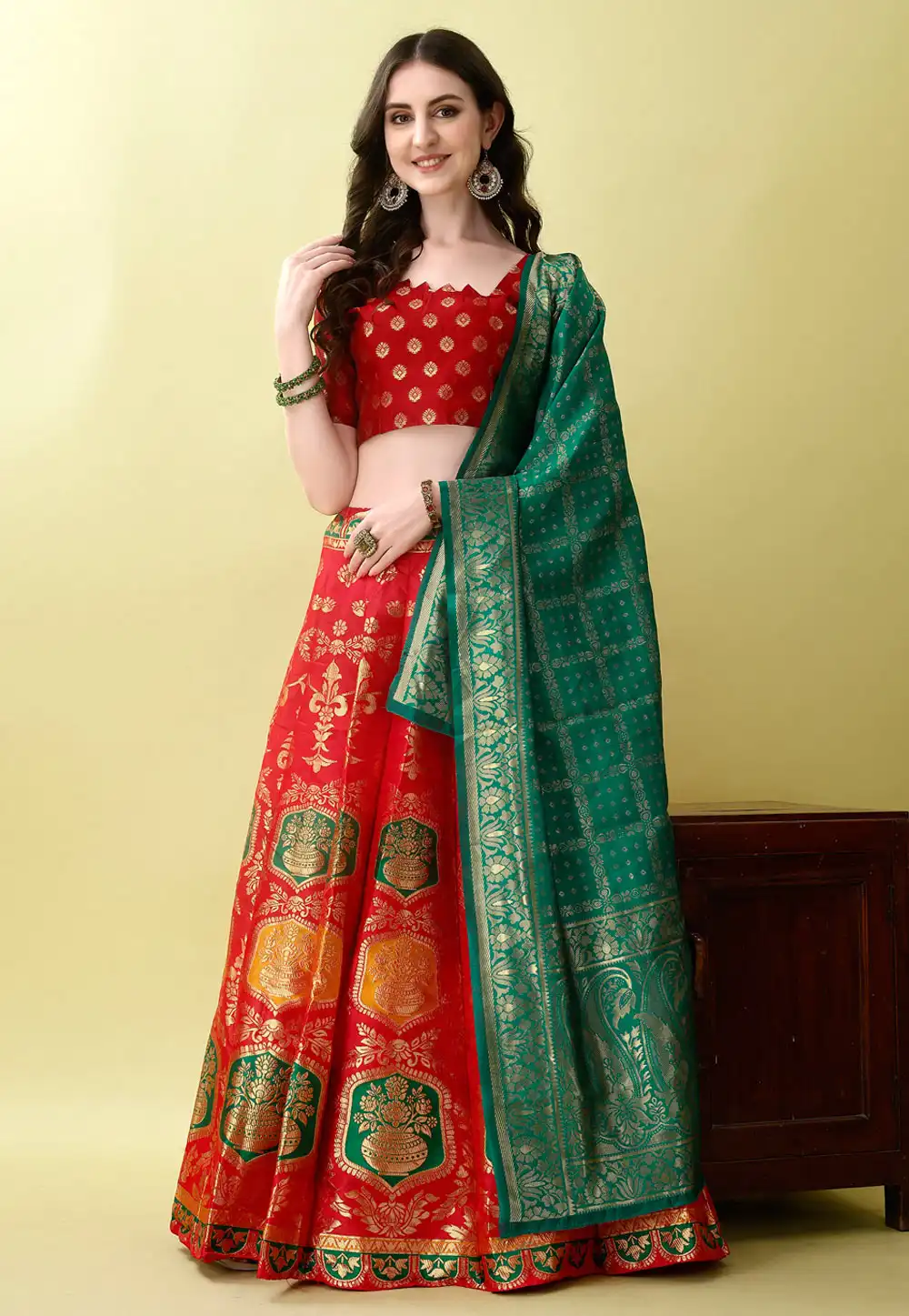 Red Silk Jacquard A Line Lehenga Choli 290473