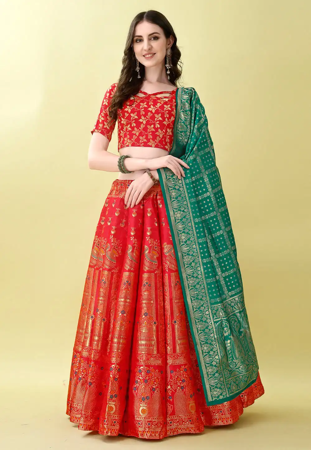 Red Silk Jacquard A Line Lehenga Choli 290483