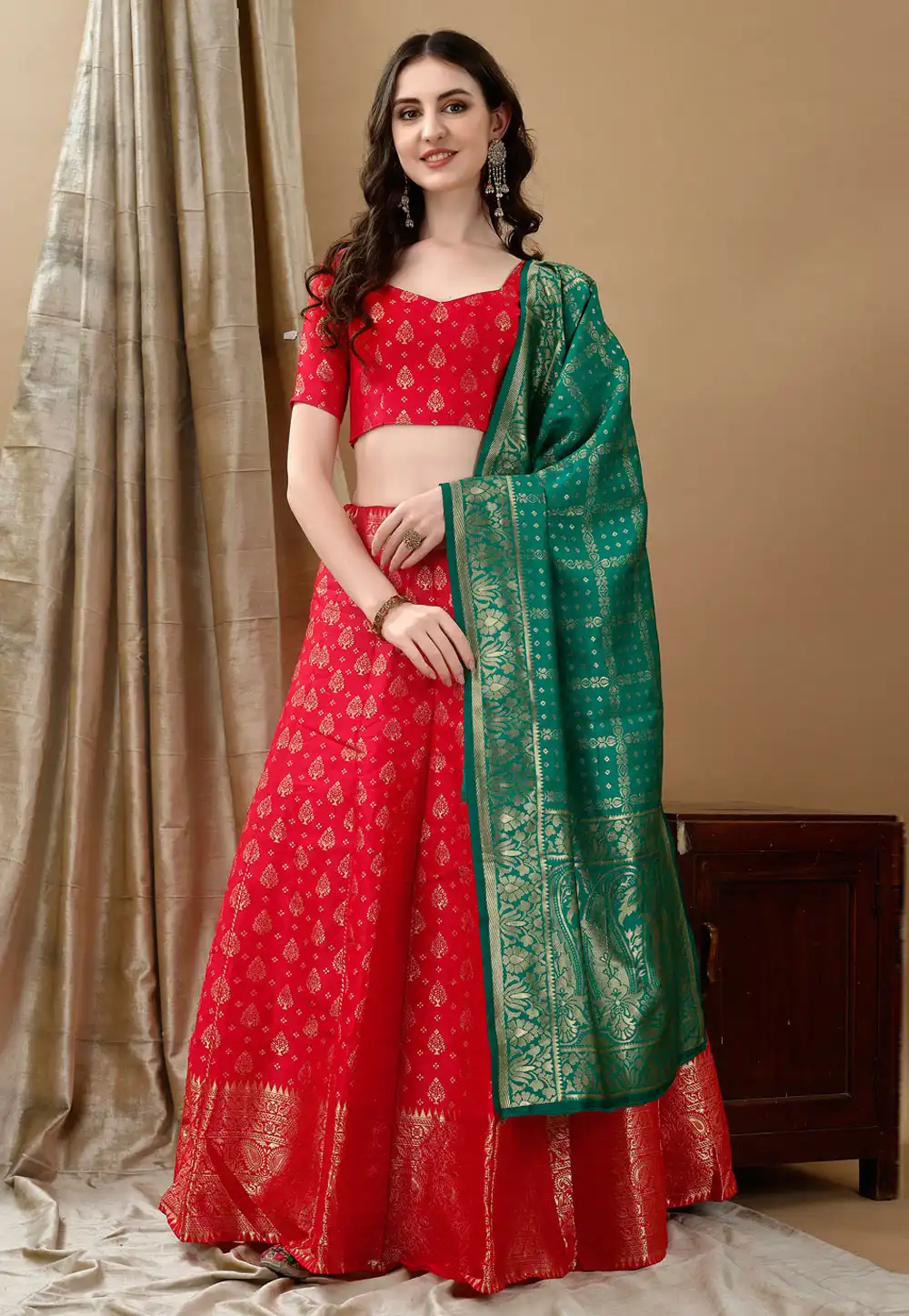 Red Silk Jacquard Lehenga Choli 290464