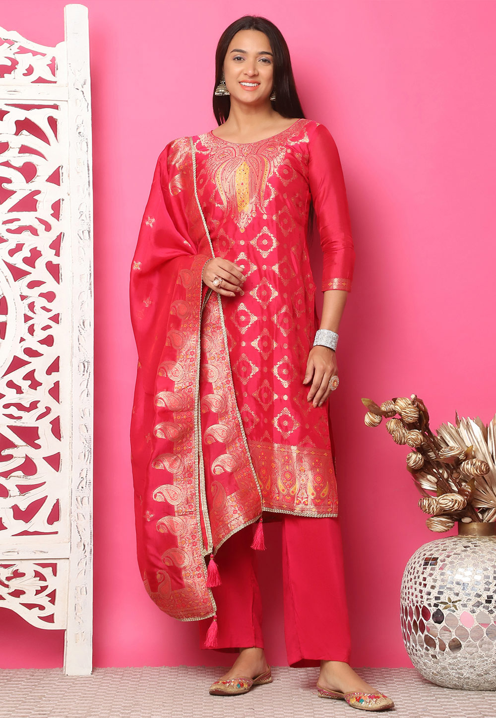Red Silk Jacquard Pant Style Suit 310131