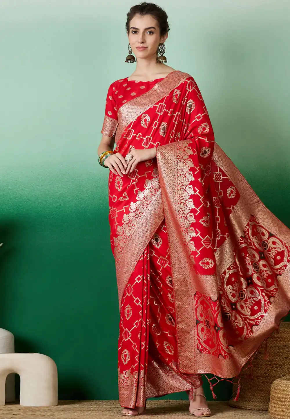 Red Silk Jacquard Saree With Blouse 289611