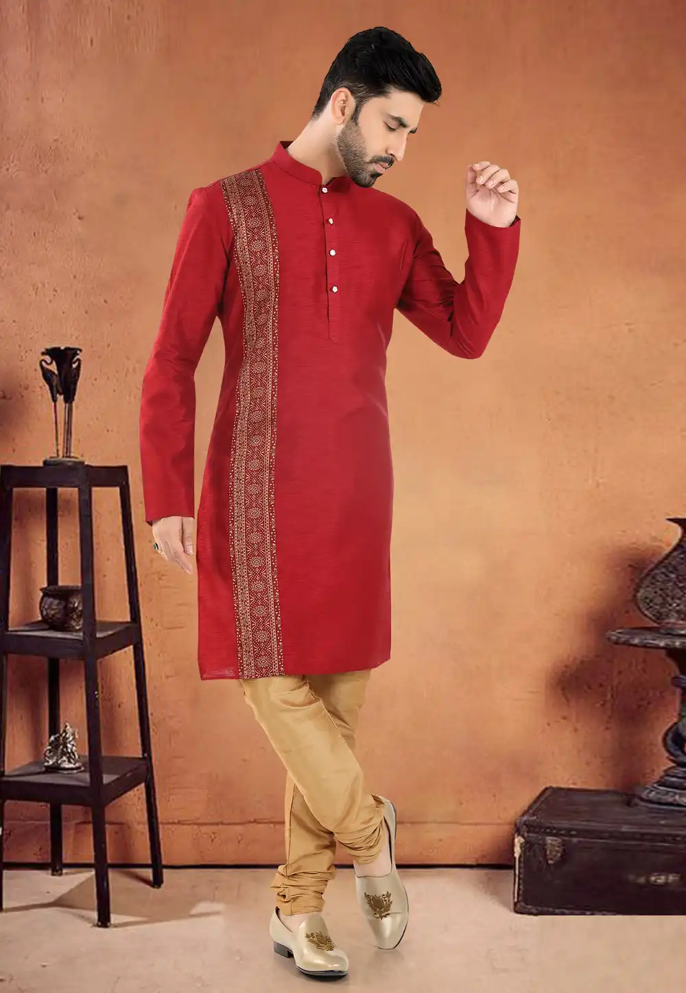 Red Silk Kurta Pajama 290582