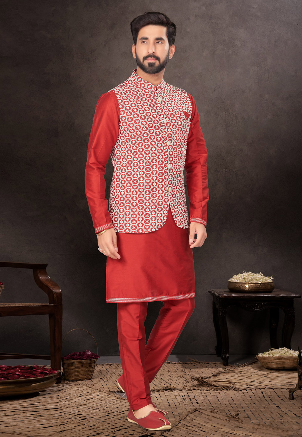 Red Silk Kurta Pajama With Jacket 283957