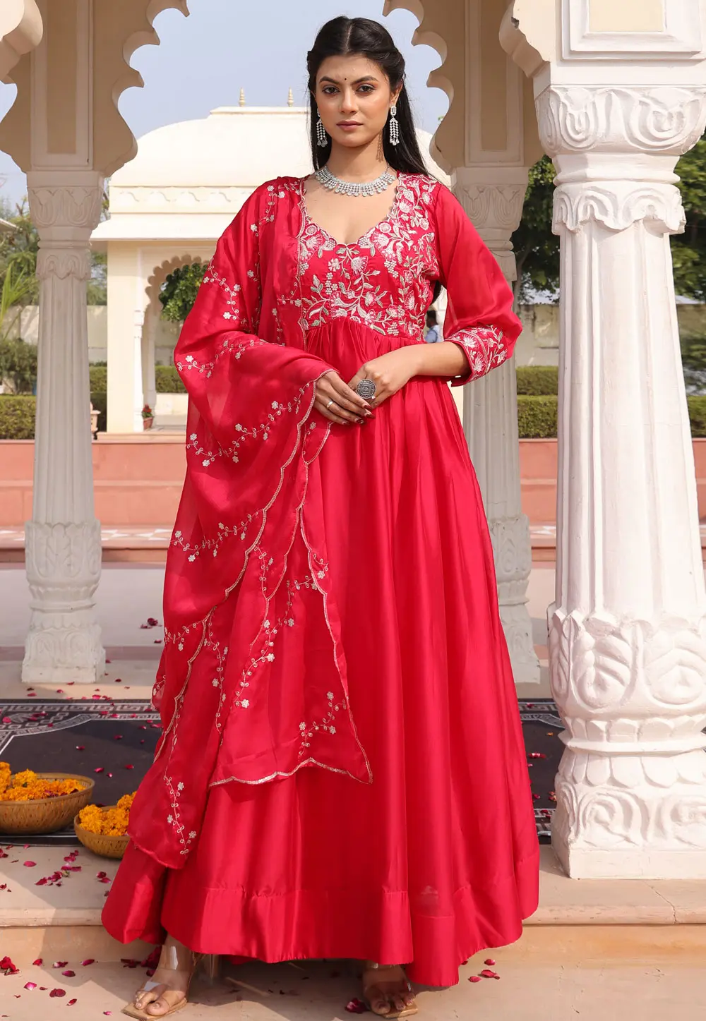 Red Silk Long Anarkali Suit 304014