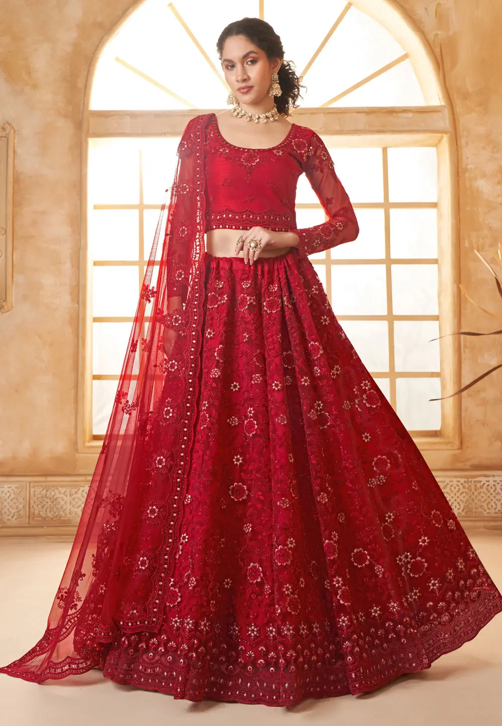 Red Silk Net Lehenga Choli 297587