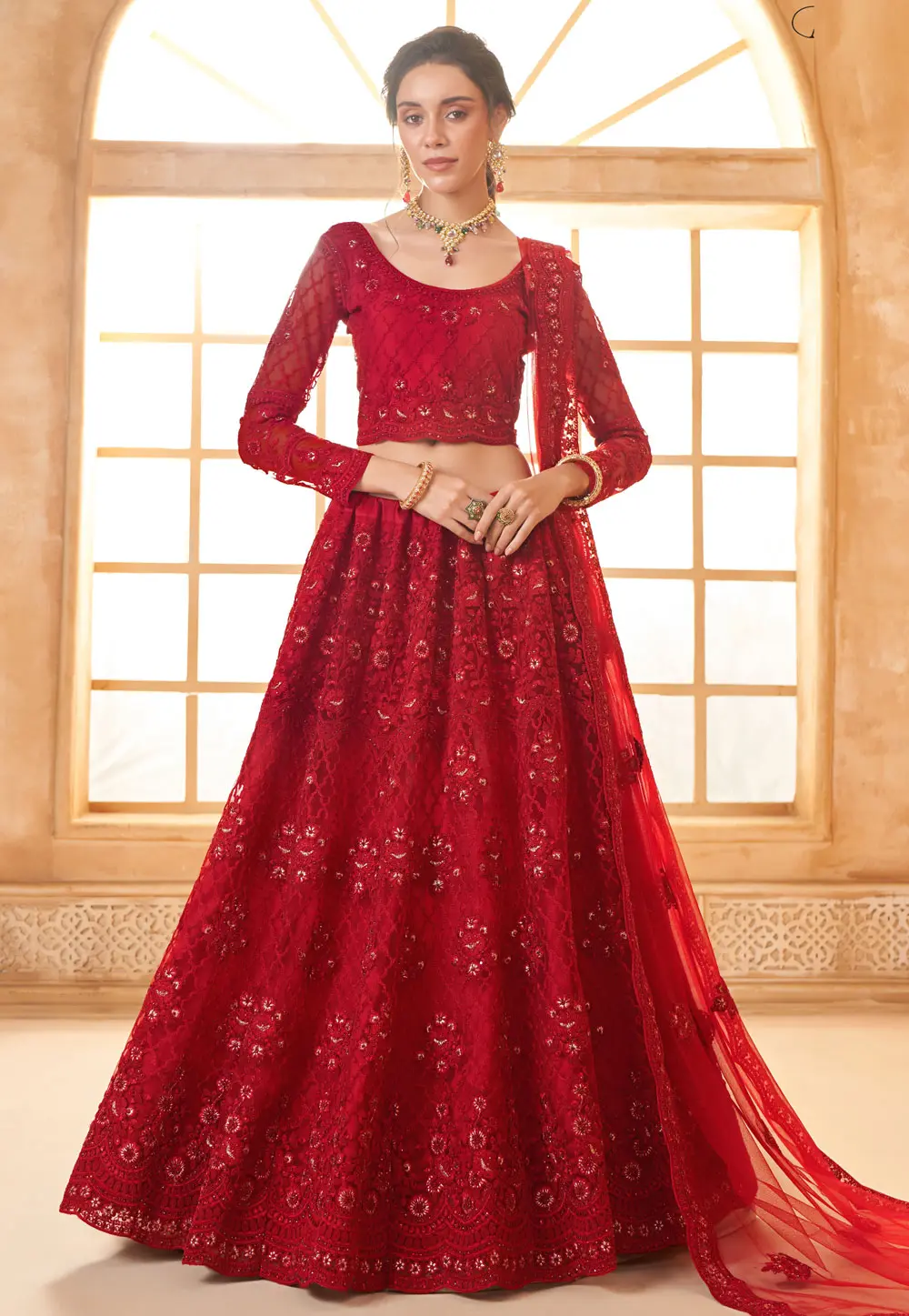 Red Silk Net Wedding Lehenga Choli 297590