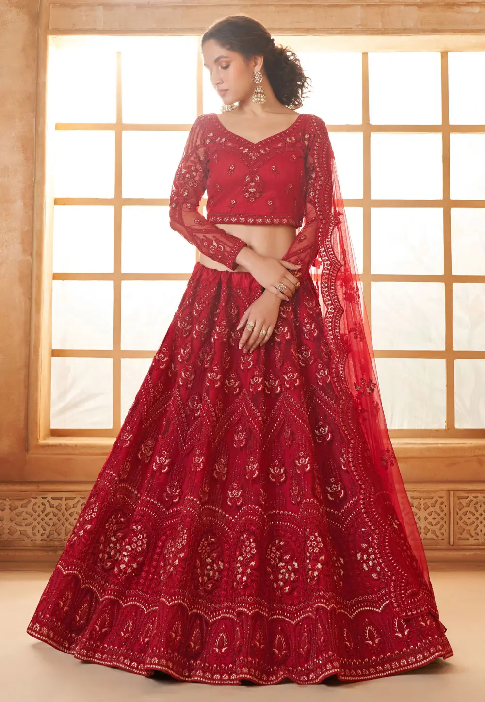 Red Silk Net Wedding Lehenga Choli 297598