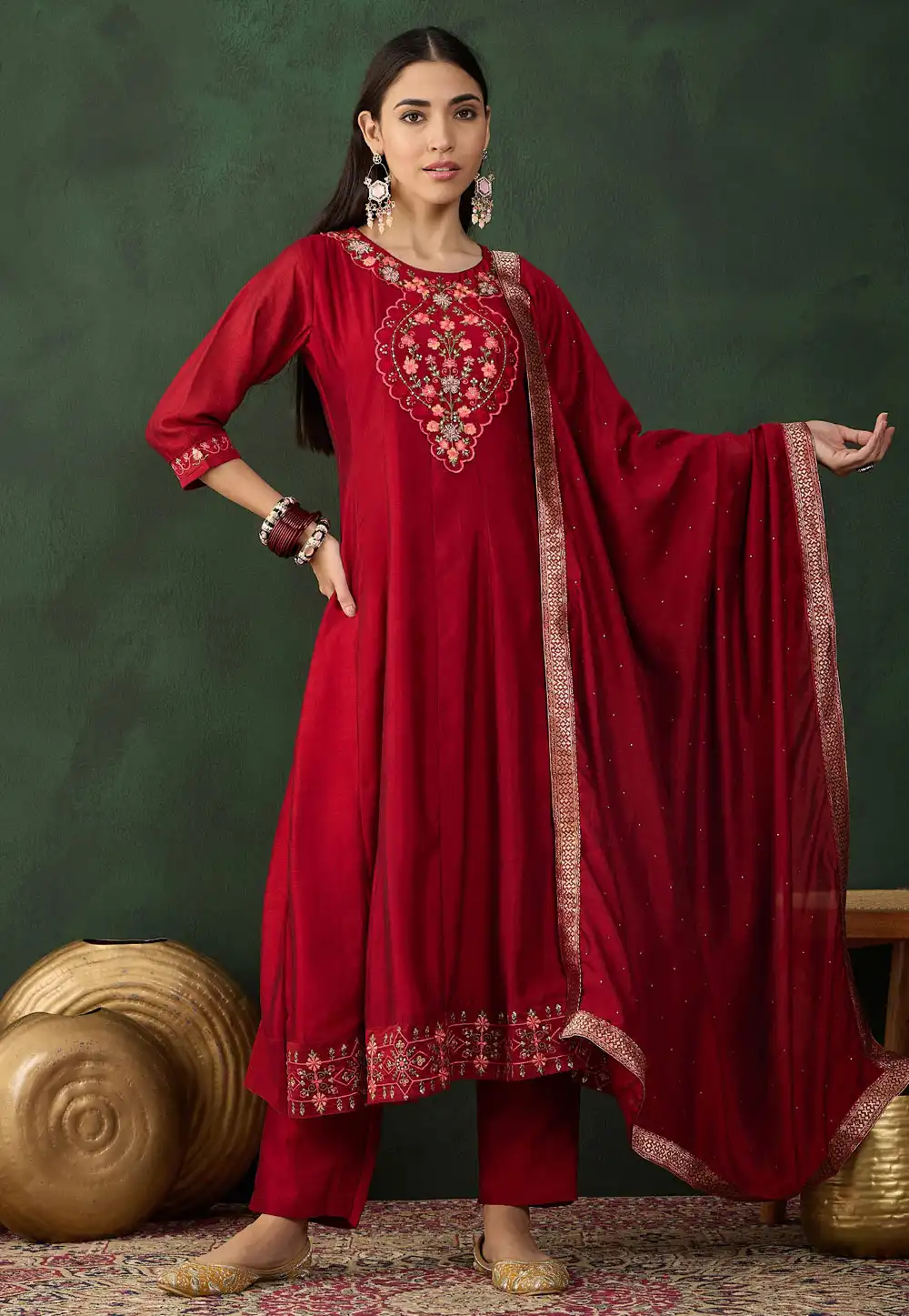 Red Silk Readymade Anarkali Suit 293531