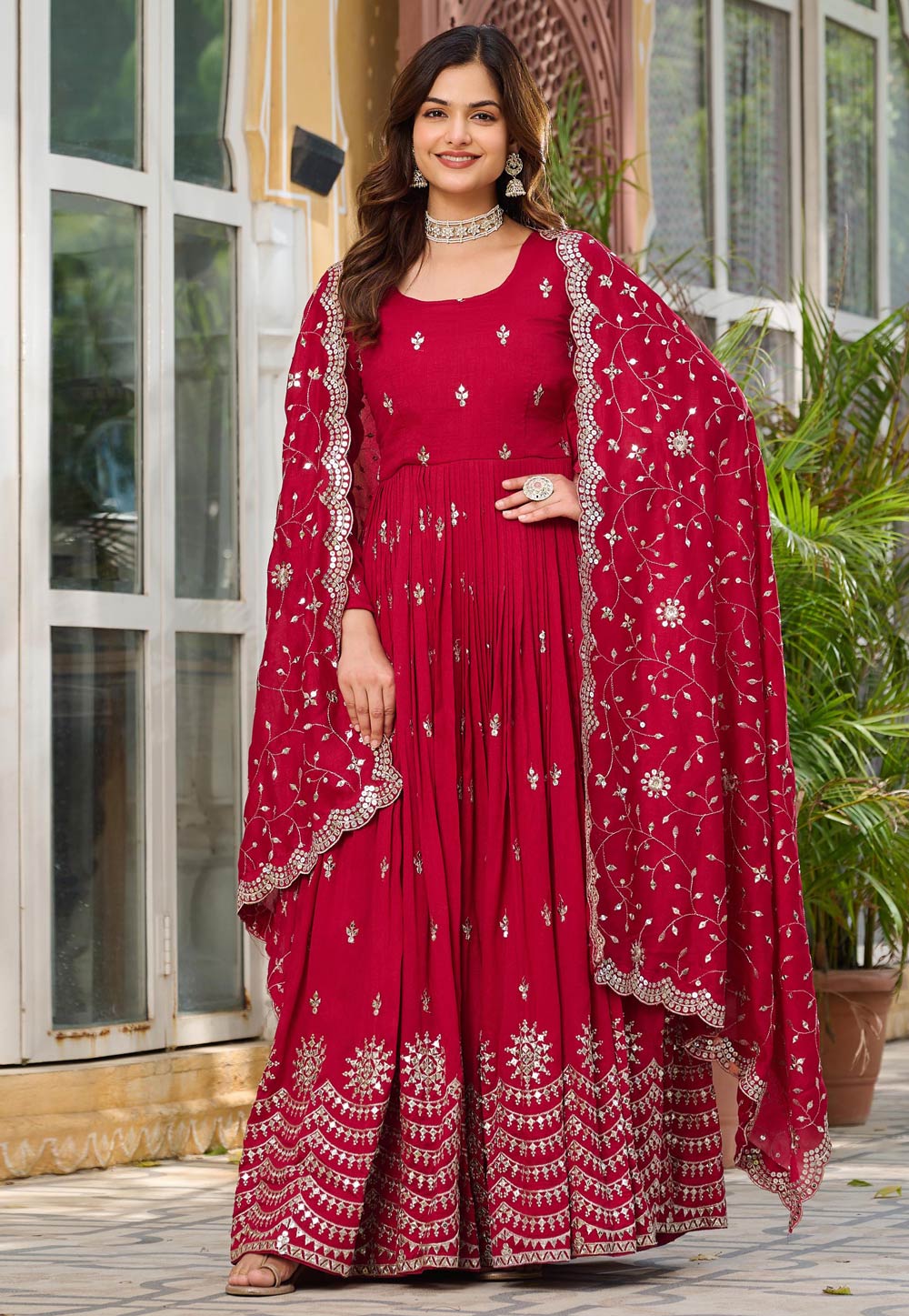 Red Silk Readymade Long Anarkali Suit 309057