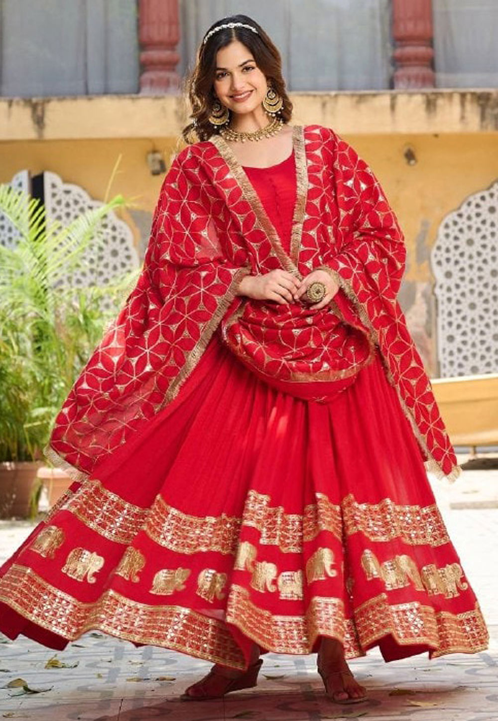 Red Silk Readymade Long Anarkali Suit 309747