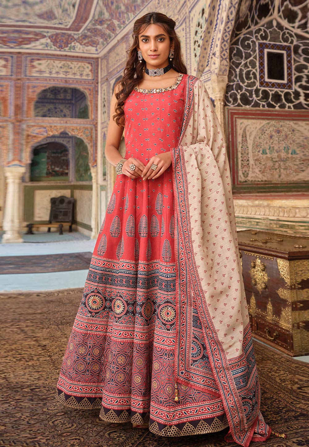 Red Silk Readymade Long Anarkali Suit 283190