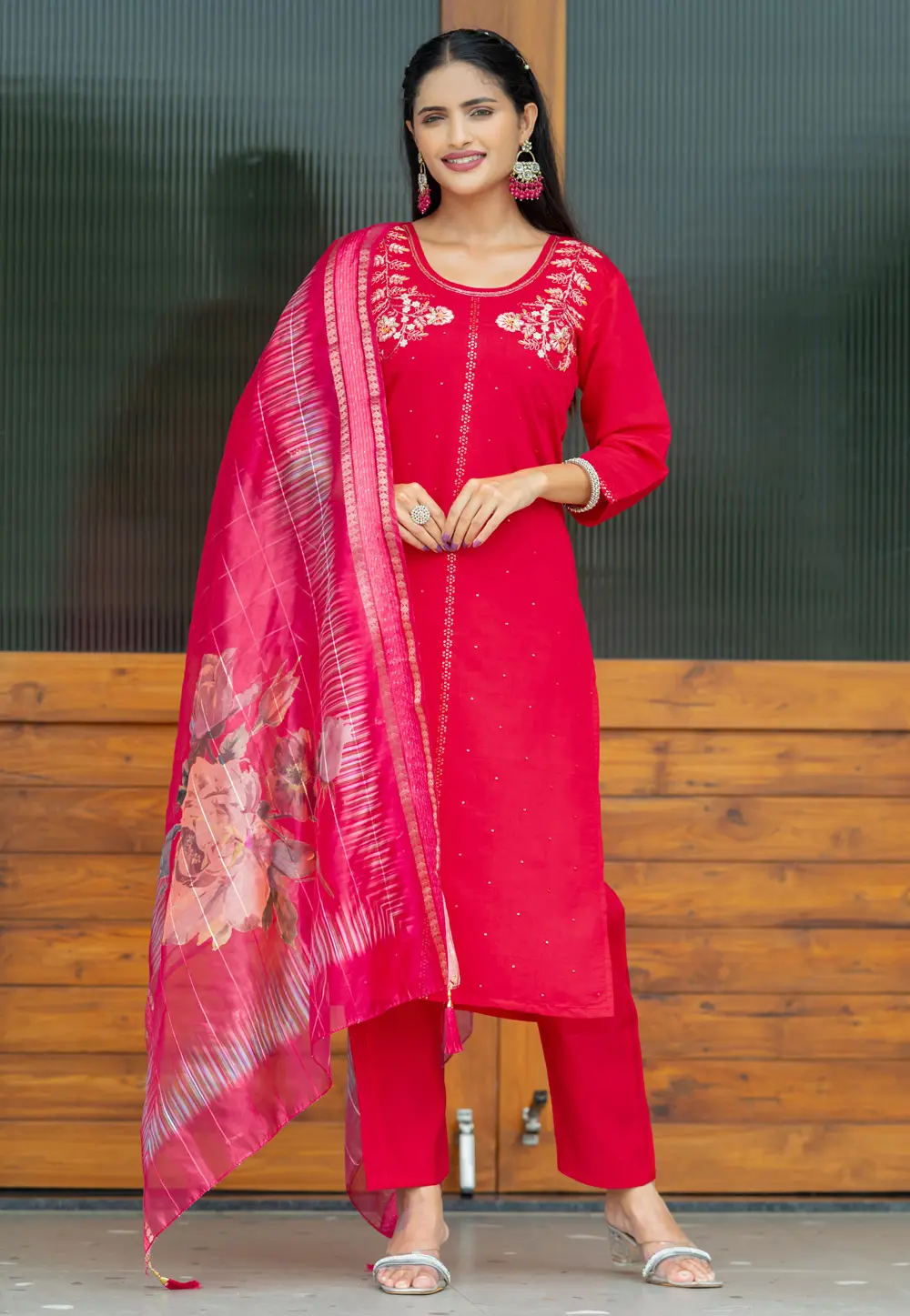 Red Silk Readymade Pakistani Suit 302908