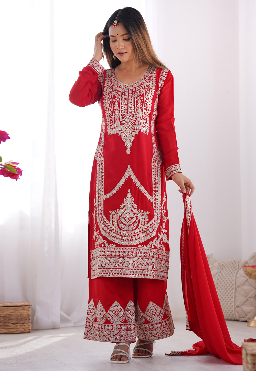 Red Silk Readymade Palazzo Suit 309631
