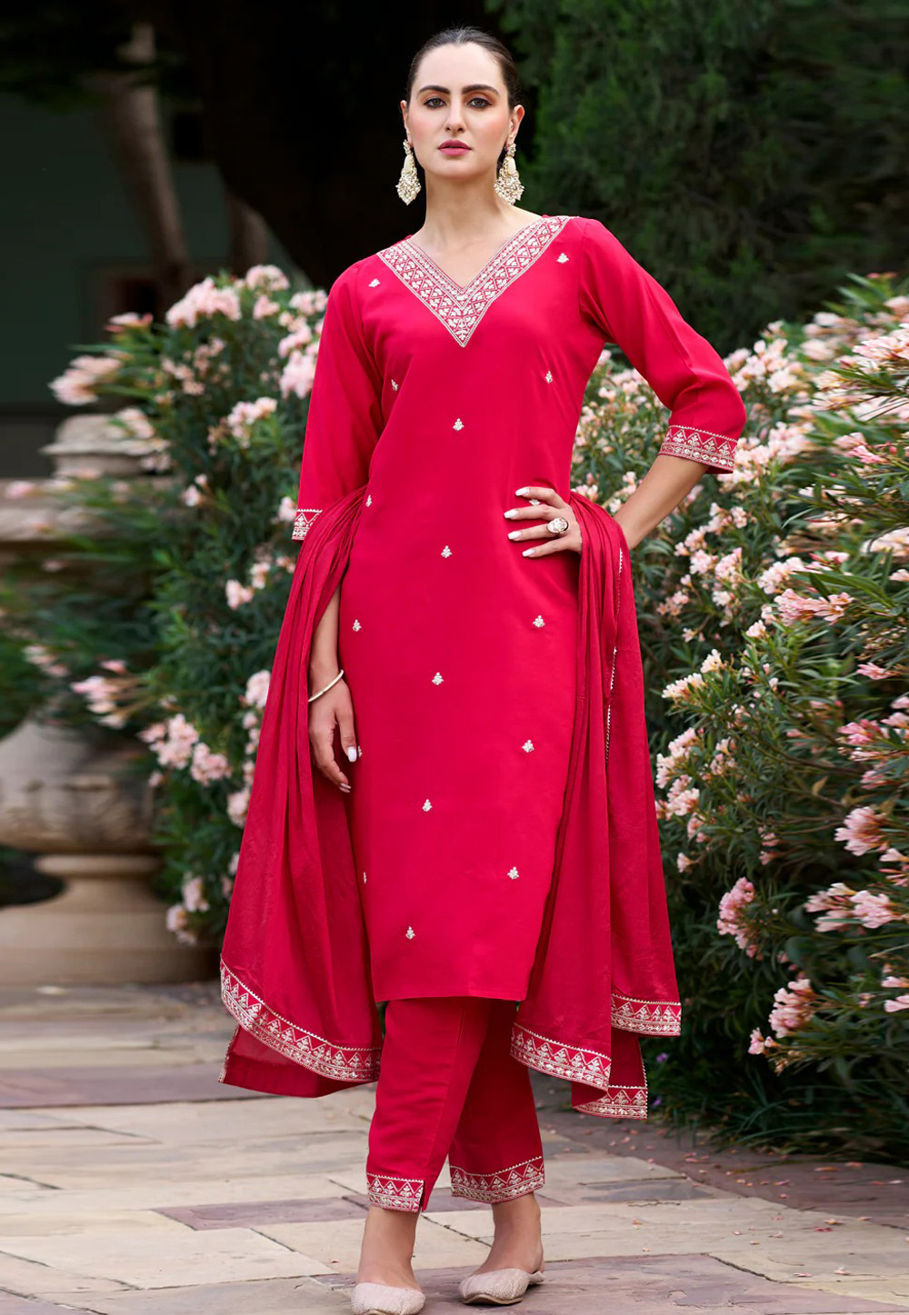 Red Silk Readymade Pant Style Suit 305267