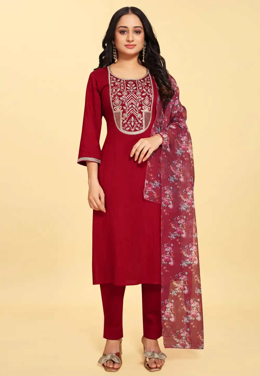 Red Silk Readymade Pant Style Suit 288105