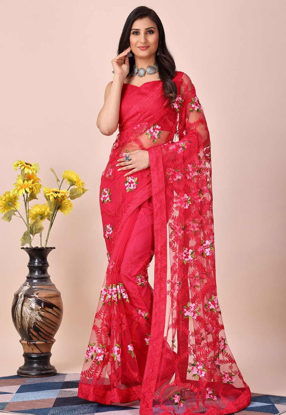 Red Soft Net Saree With Blouse 280287